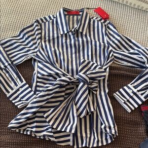 Carolina Herrera Navy and White Striped Shirt with bow detailing